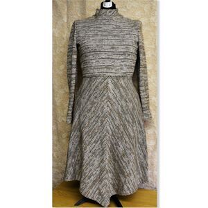 Carrolls VTG Late 60s -70s Brown Cream Fit & Flare A-Line Mock Neck Winter Dress